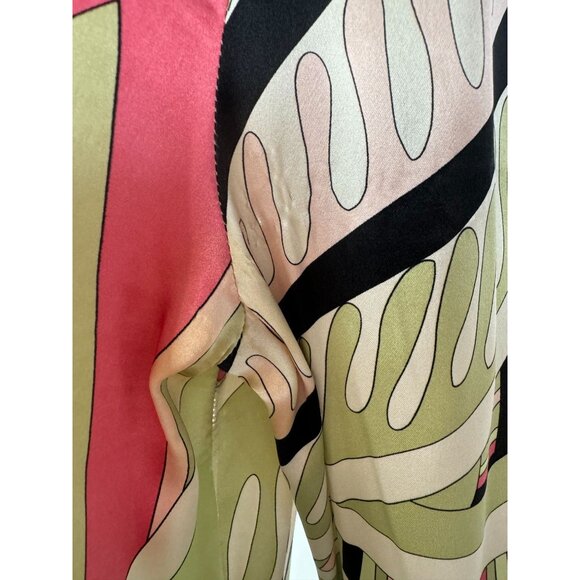 Silk Patterned Blouse By Kasper Size 6 - Green & Pink Design French Cuff Blemish - Picture 10 of 16